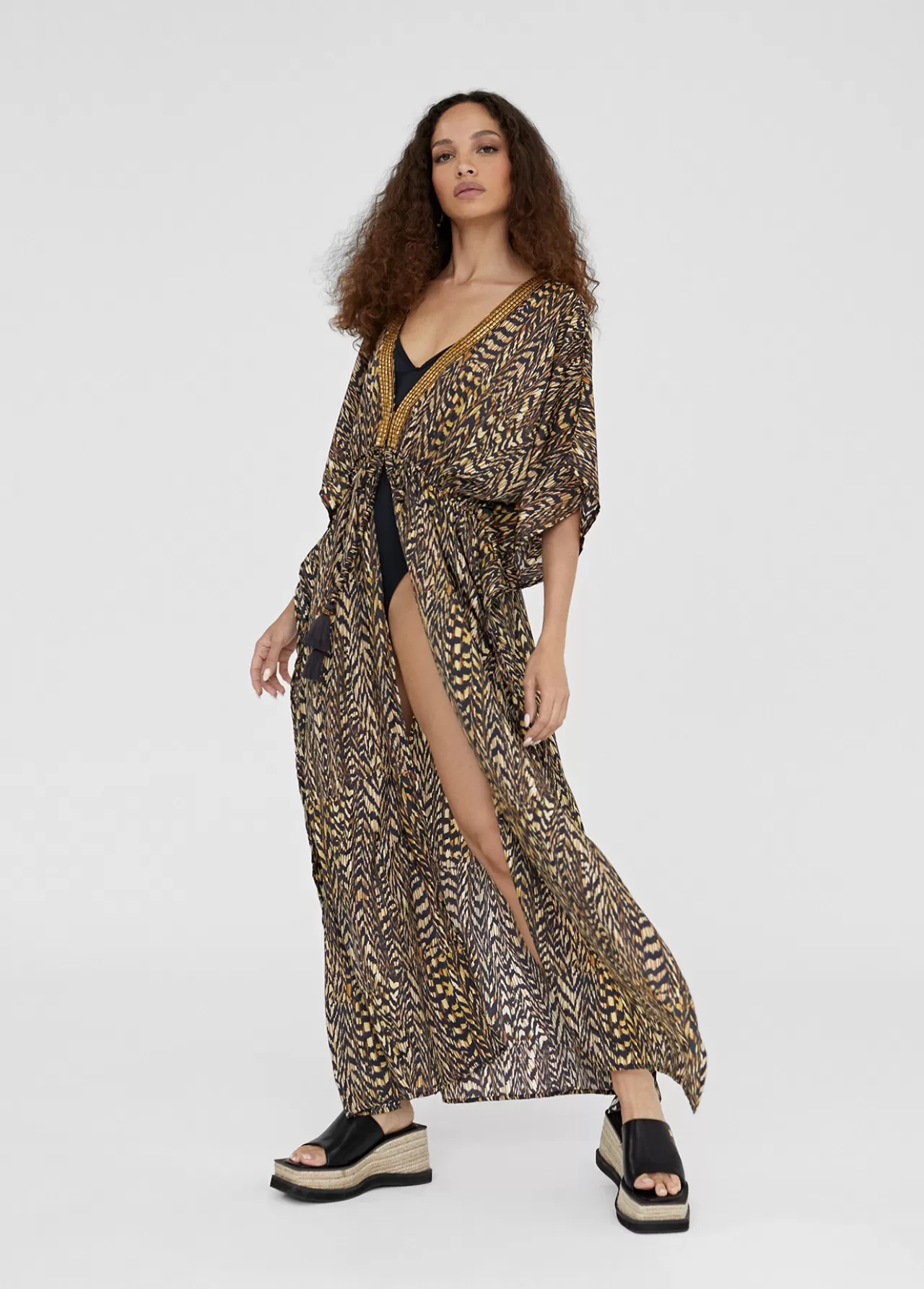 Lola Casademunt Caftan largo estampado NEGRO-MARRON Best Sale