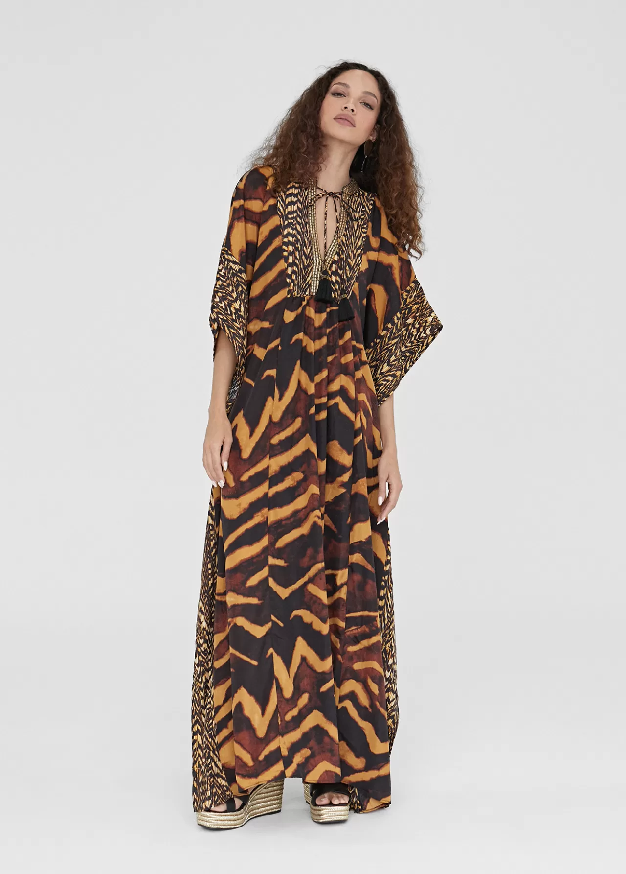 Lola Casademunt Caftan largo print animal NEGRO-MARRON Discount