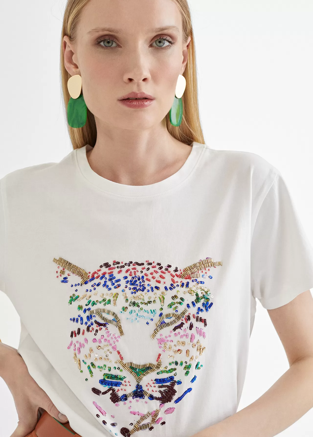 Lola Casademunt Camiseta tigre bordado BLANCO-ROSA Clearance