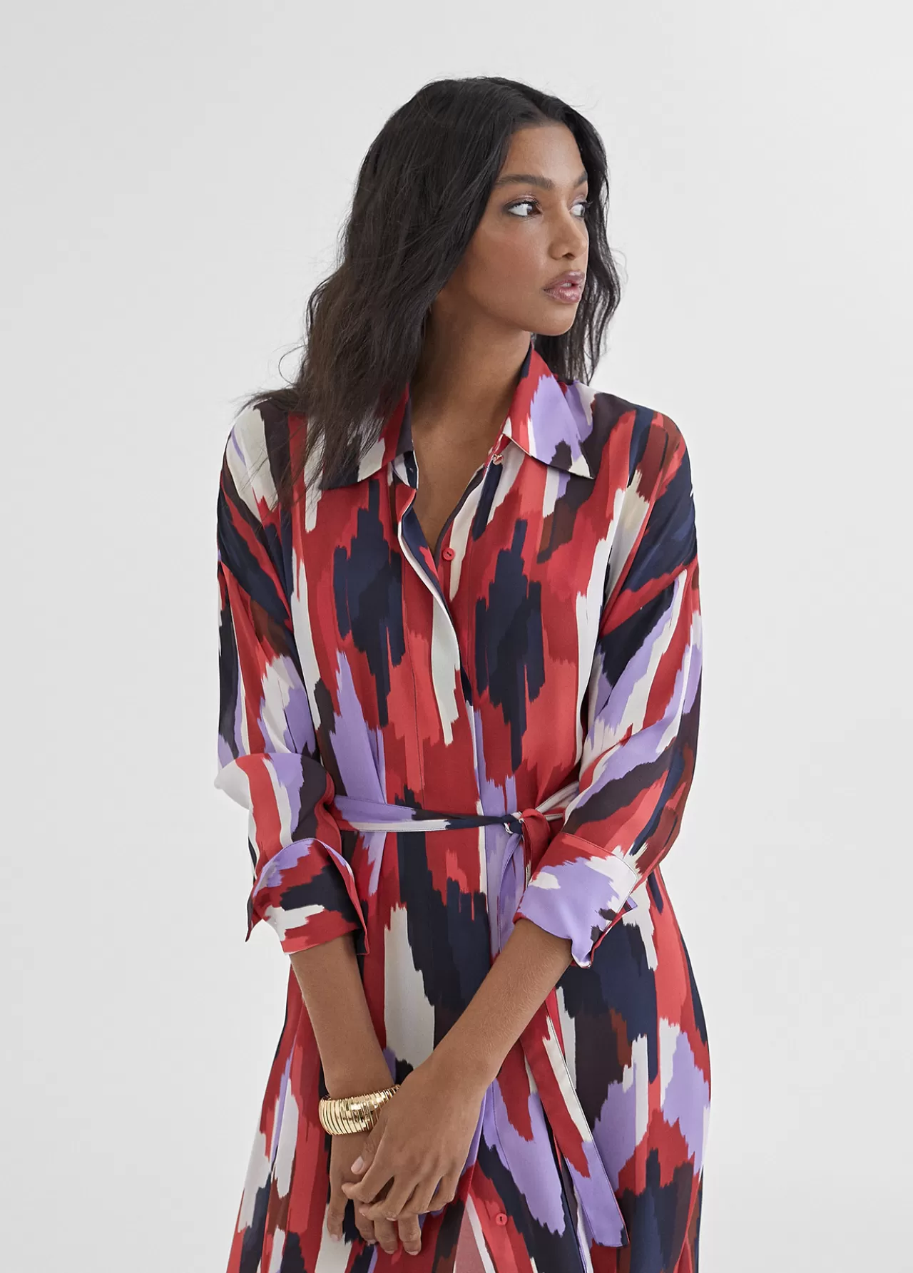 Lola Casademunt Vestido camisero largo y multicolor LILA-ROJO Outlet