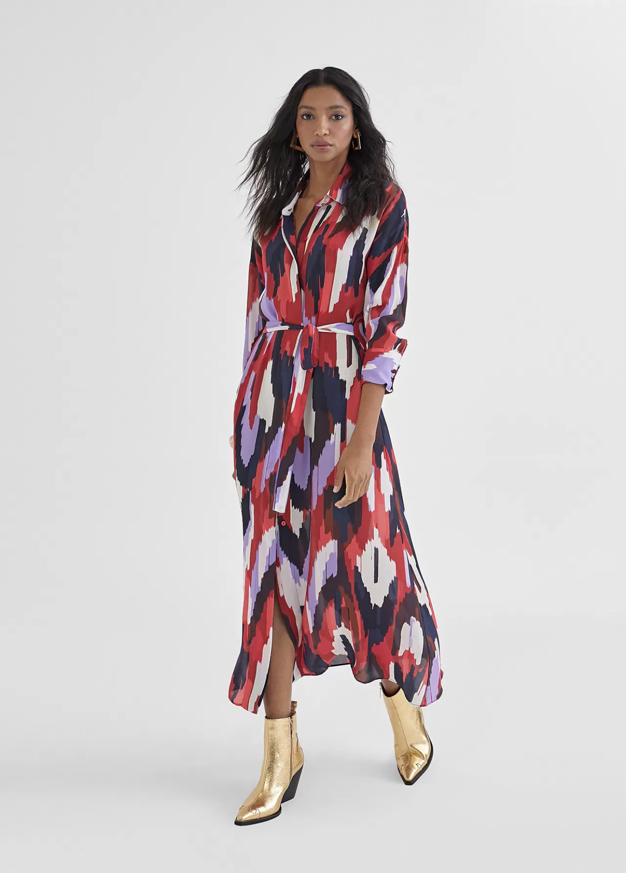 Lola Casademunt Vestido camisero largo y multicolor LILA-ROJO Outlet