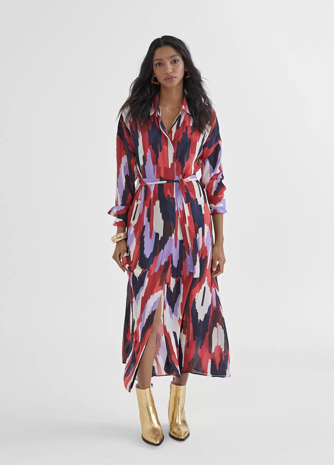 Lola Casademunt Vestido camisero largo y multicolor LILA-ROJO Outlet