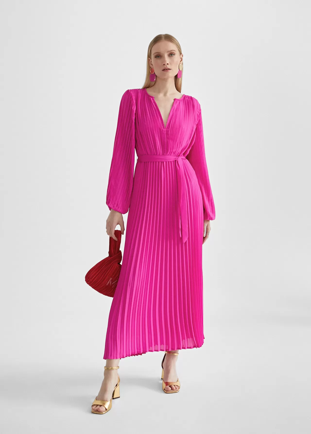 Lola Casademunt Vestido plisado con manga FUCSIA Outlet