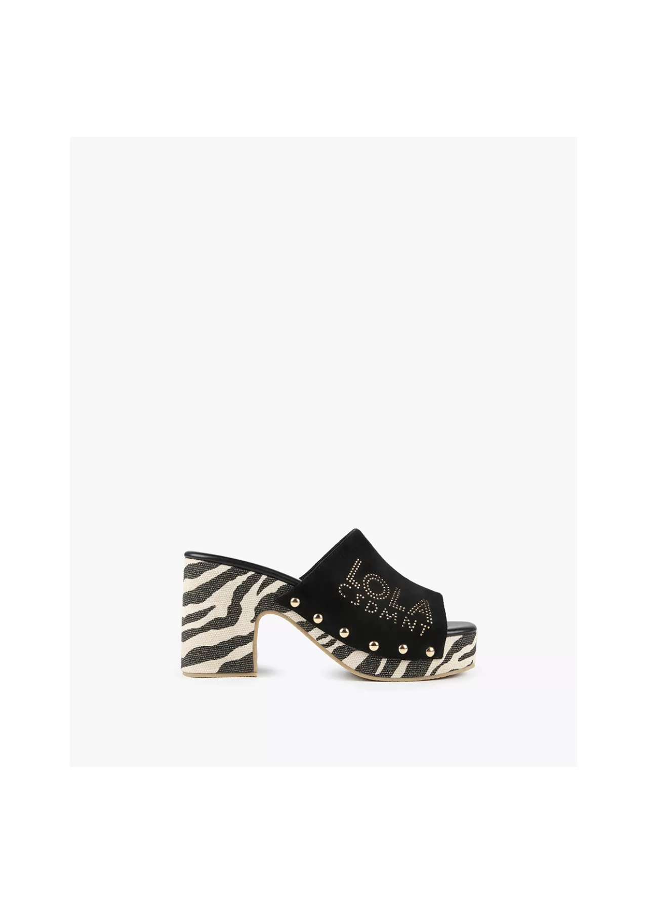 Lola Casademunt Zueco suela zebra y logo dorado. NEGRO Shop